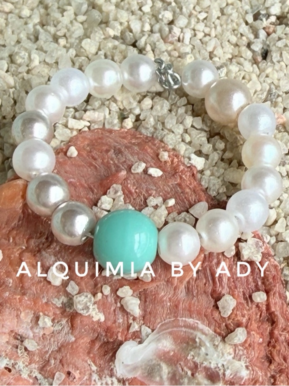 Pearl beaded ring with Teal amazonite Center Bead